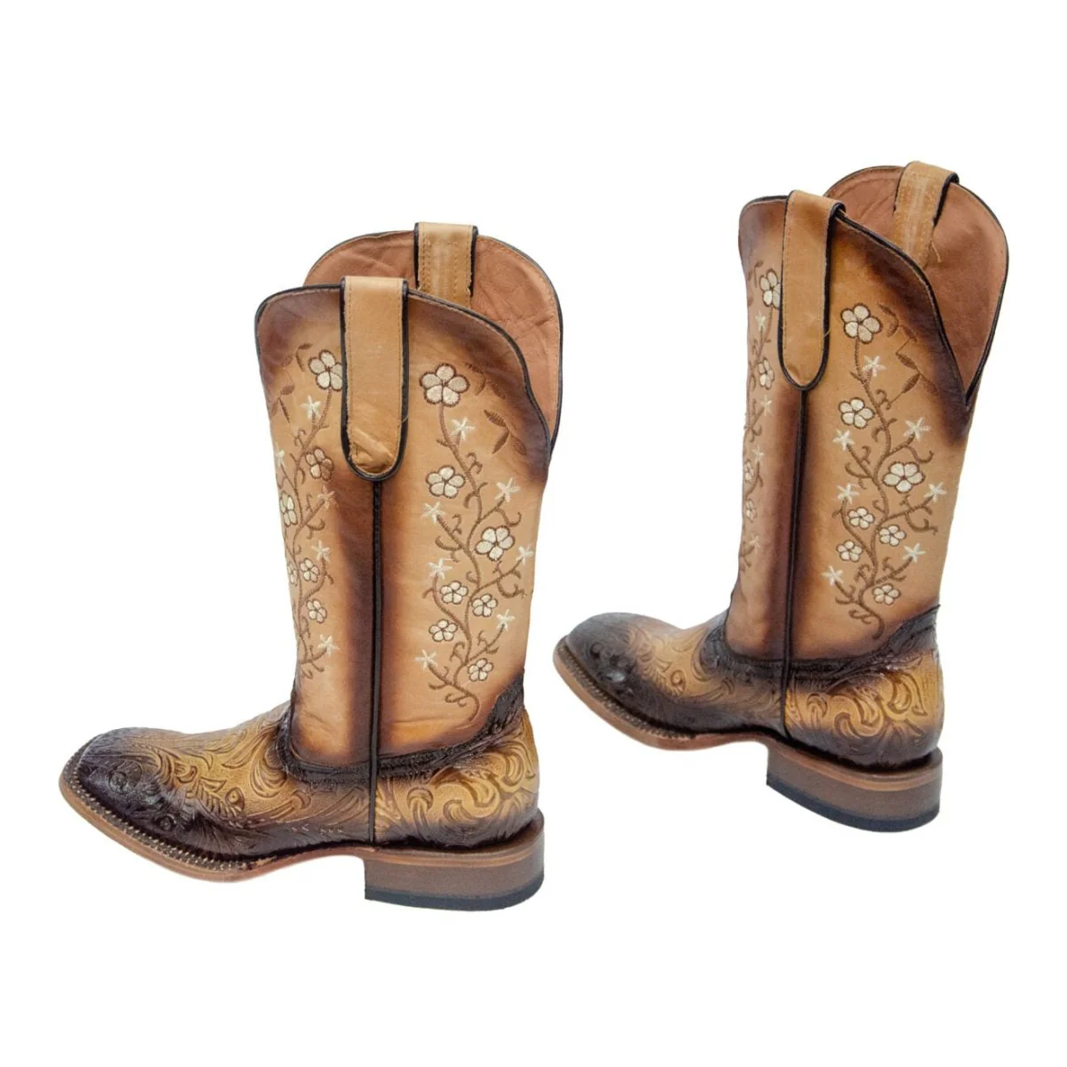 TANNER MARK WOMEN’S Gabriela Hand Tool Burnished Natural Tan Cowgirl Boots Whit Floral Embroidery Top - Image 3