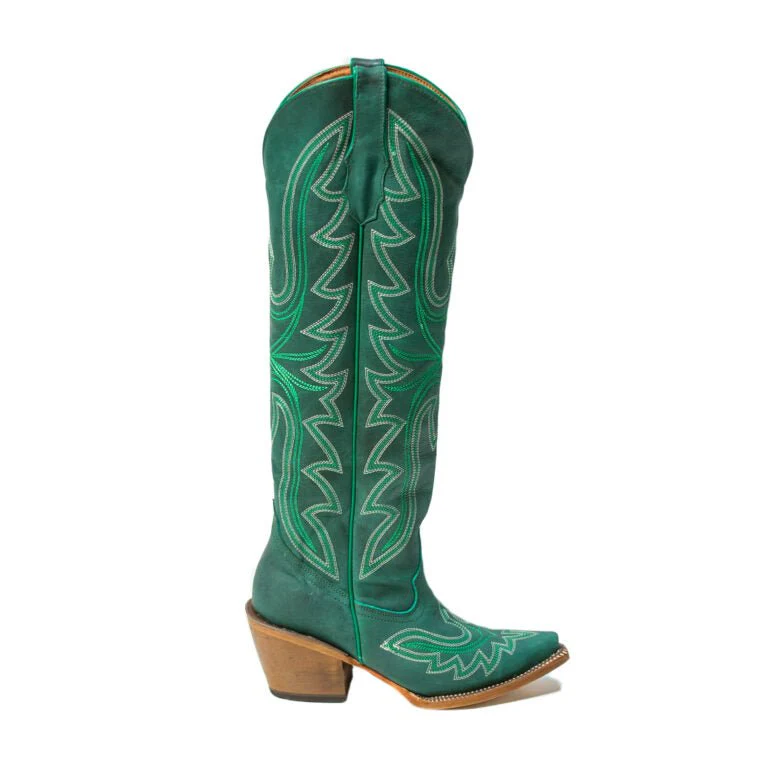 TANNER MARK WOMEN’S Hadley Crackle Green Fashion Heel Knee High Cowgirl Boots - Image 3