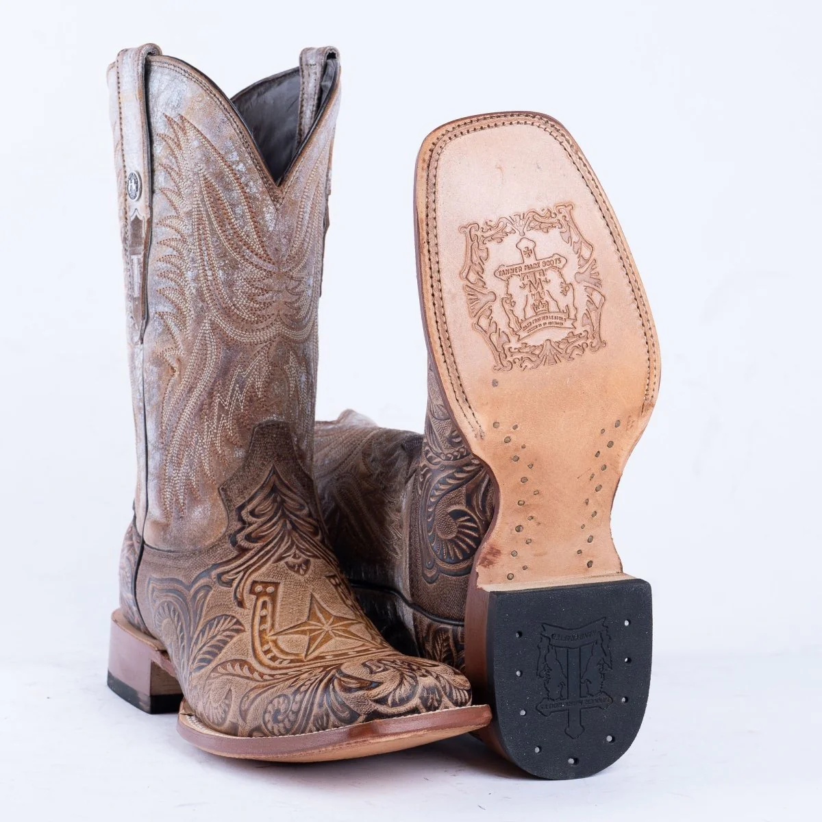 TANNER MARK MEN'S HandTooled Horseshoe Mocha Western Boots - Image 6