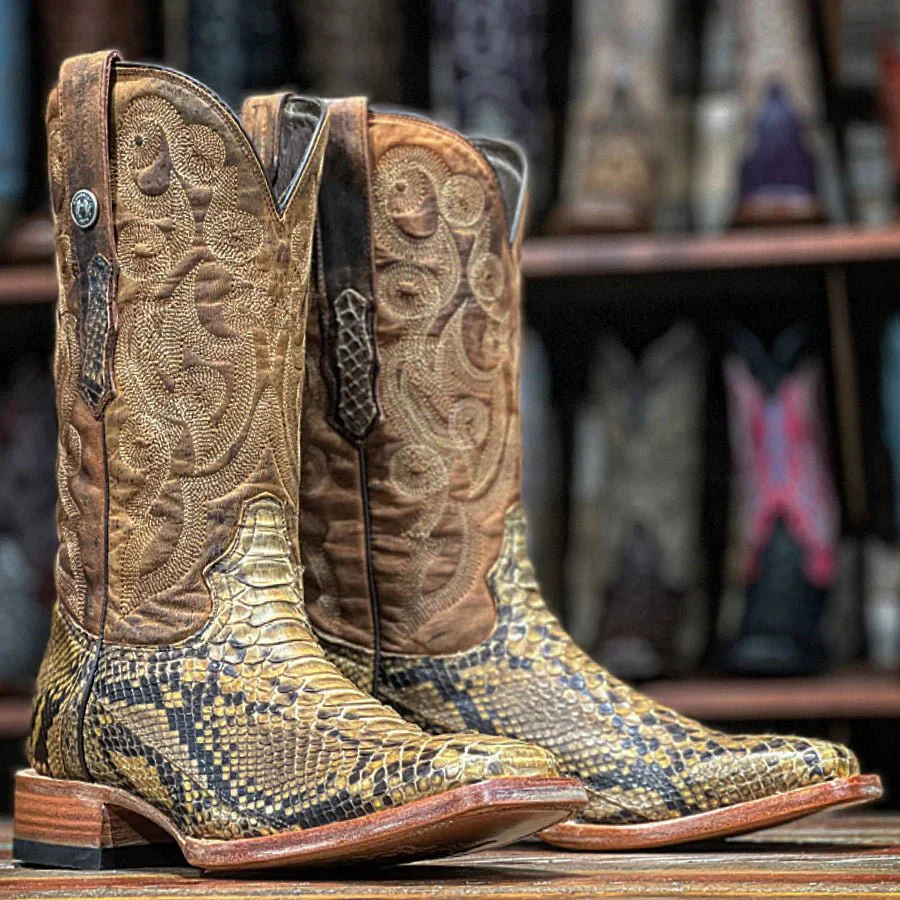 TANNER MARK MEN'S EXOTIC LEATHER Python Pull Up Antique Cowboy Boots - Image 5