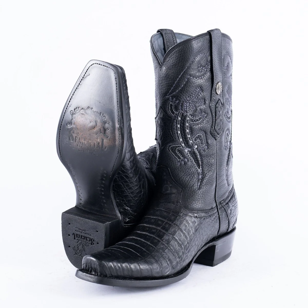 RANCHO SEMENTAL EXOTIC LEATHER Caiman Belly Black Cowboy Boots - Image 6
