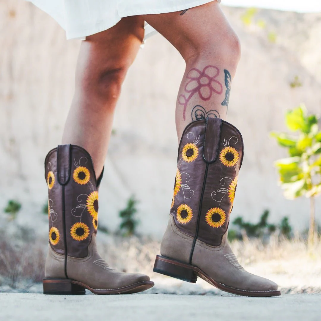 TANNER MARK WOMEN’S Spring Crazy Brown Cowgirl Boots Whit Sunflower Embroidery - Image 3