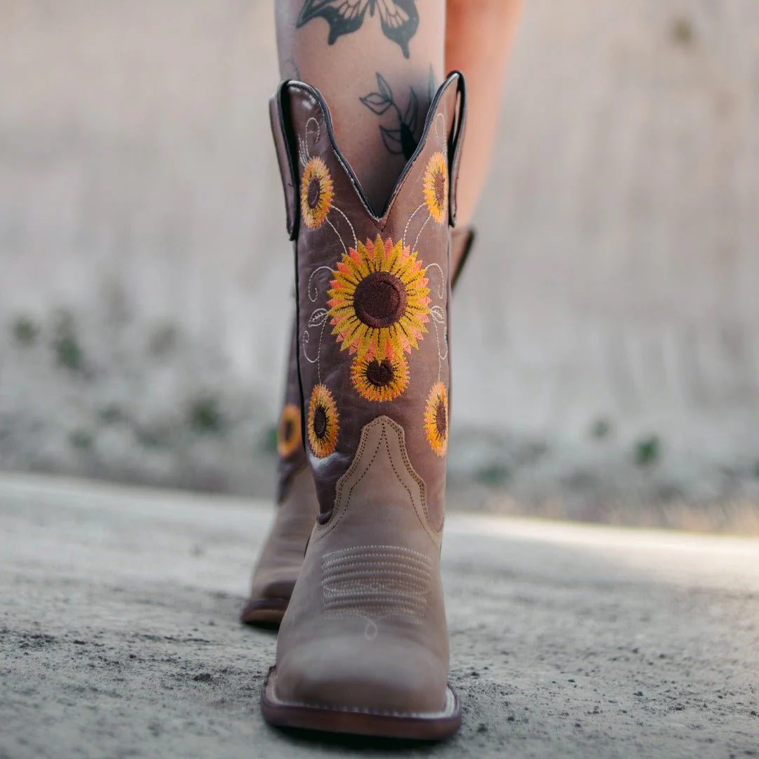 TANNER MARK WOMEN’S Spring Crazy Brown Cowgirl Boots Whit Sunflower Embroidery - Image 4