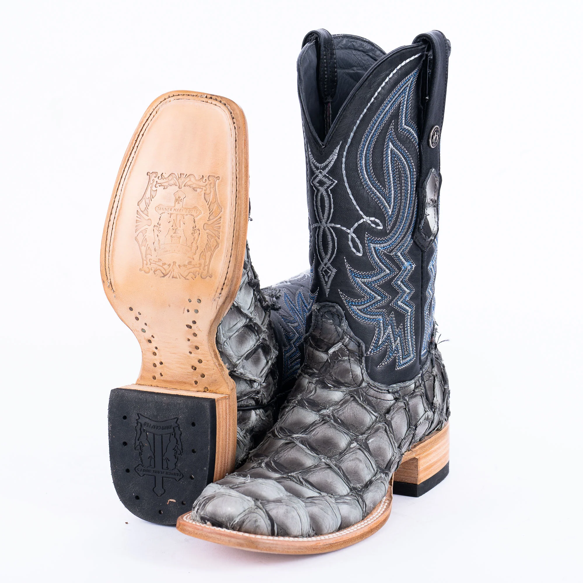TANNER MARK MEN'S EXOTIC LEATHER Fish Bicolor Grey Cowboy Boots - Image 4