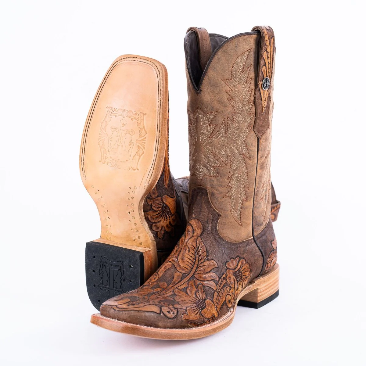 TANNER MARK MEN'S EXOTIC LEATHER Genuine HandTooled Light Brown Cowboy Boots - Image 5
